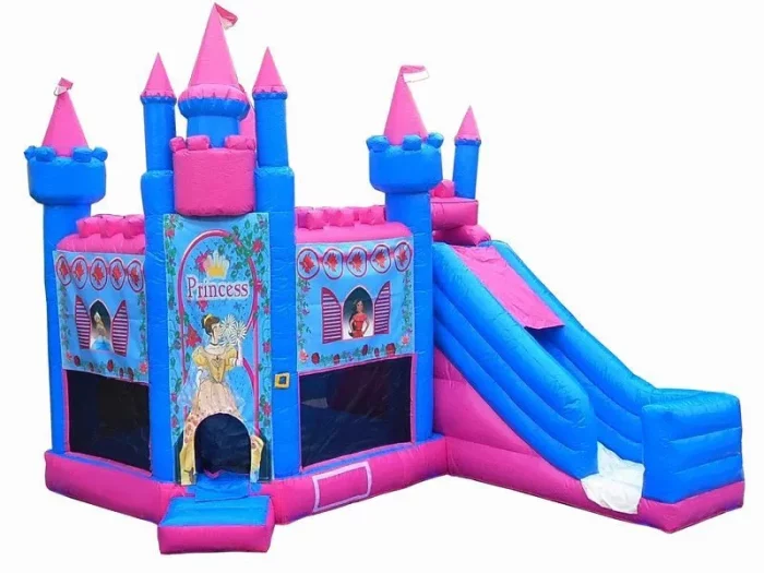 Castello gonfiabile principessa rosa e blu con scivolo, perfetto per feste a tema. Acquista online alta qualità a prezzo conveniente per il divertimento dei bambini.